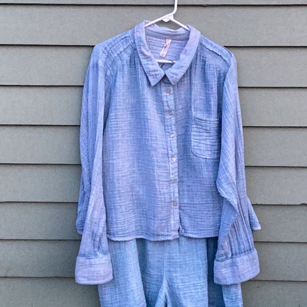 Anthropologie Daily Practice long-sleeve Shirt & Shorts Set Light Blue size 2X